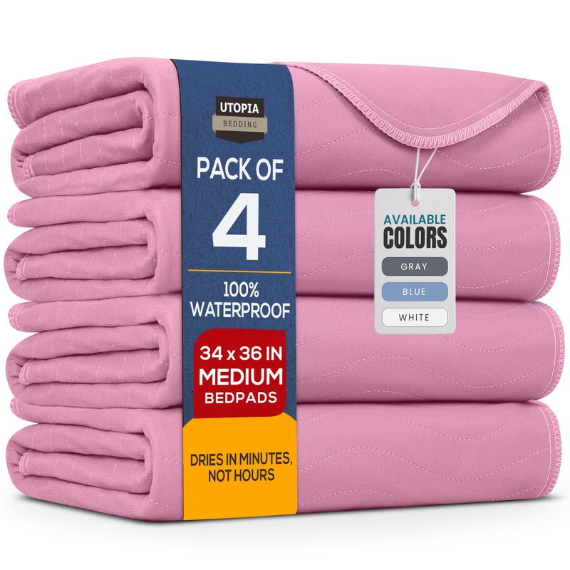 Utopia Bedding Washable Underpads 34" x 36" (Pack of 4), Waterproof Reusable Heavy Absorbency Incontinence Bed Pads for Adults, Kids, Elderly and Pets, Bedwetting Pads for Sofa and Couch (Pink) - Image 1